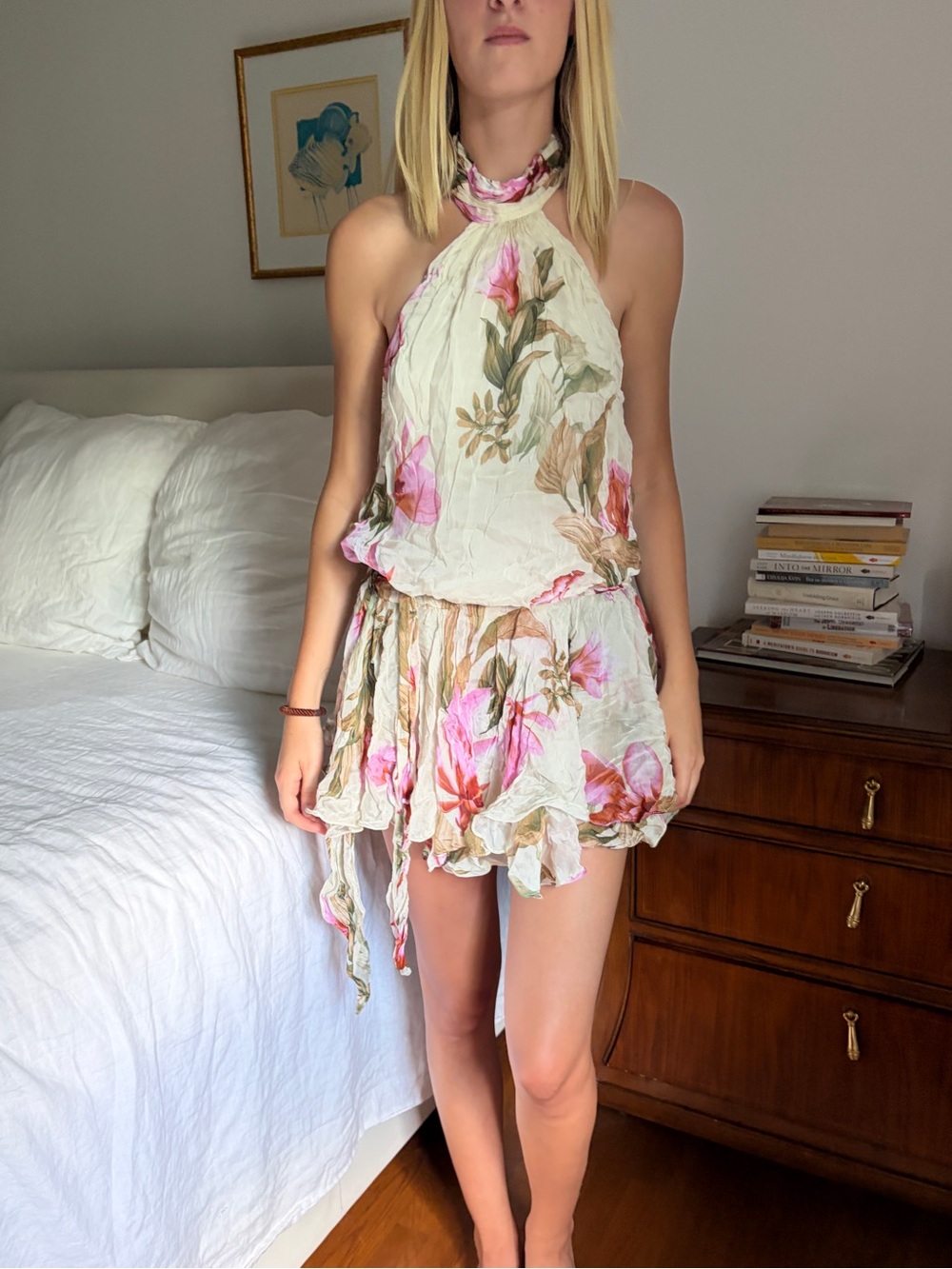 HEMANT & NANDITA Cream Halter Mini Dress with Pink Floral Print - Picture 4 of 6